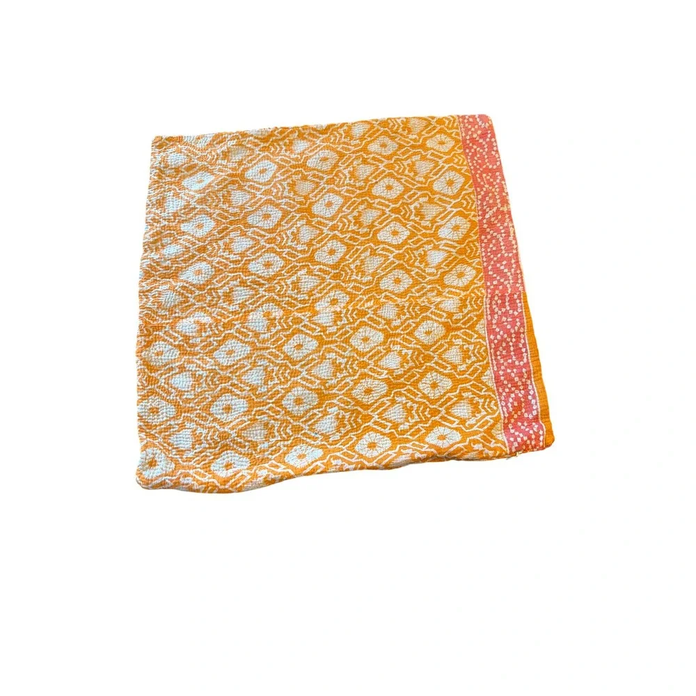 Pillow Cover Orange Kantha Stitch Vintage Hand Stitched Bohemian Square